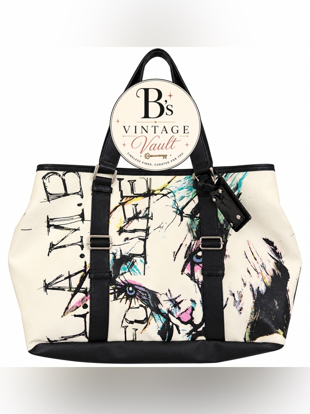 L.A.M.B. Cream Canvas Tote with Black Trim and Multicolor Graphic
